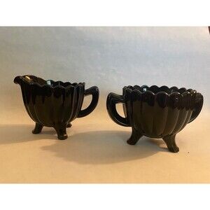 Imperial Black MILK Glass Pillar Flute Creamer And Sugar Set